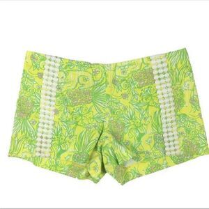 Lilly Pulitzer Liza Crazy Cat house green yellow pink shorts back zip 0